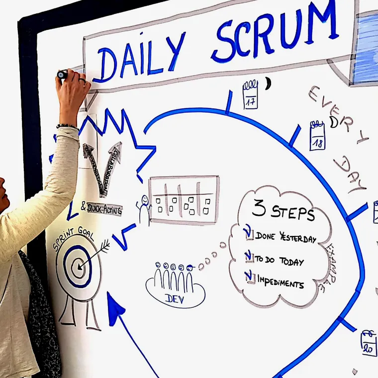Fresque « Daily Scrum » tracée au feutre sur un tableau blanc